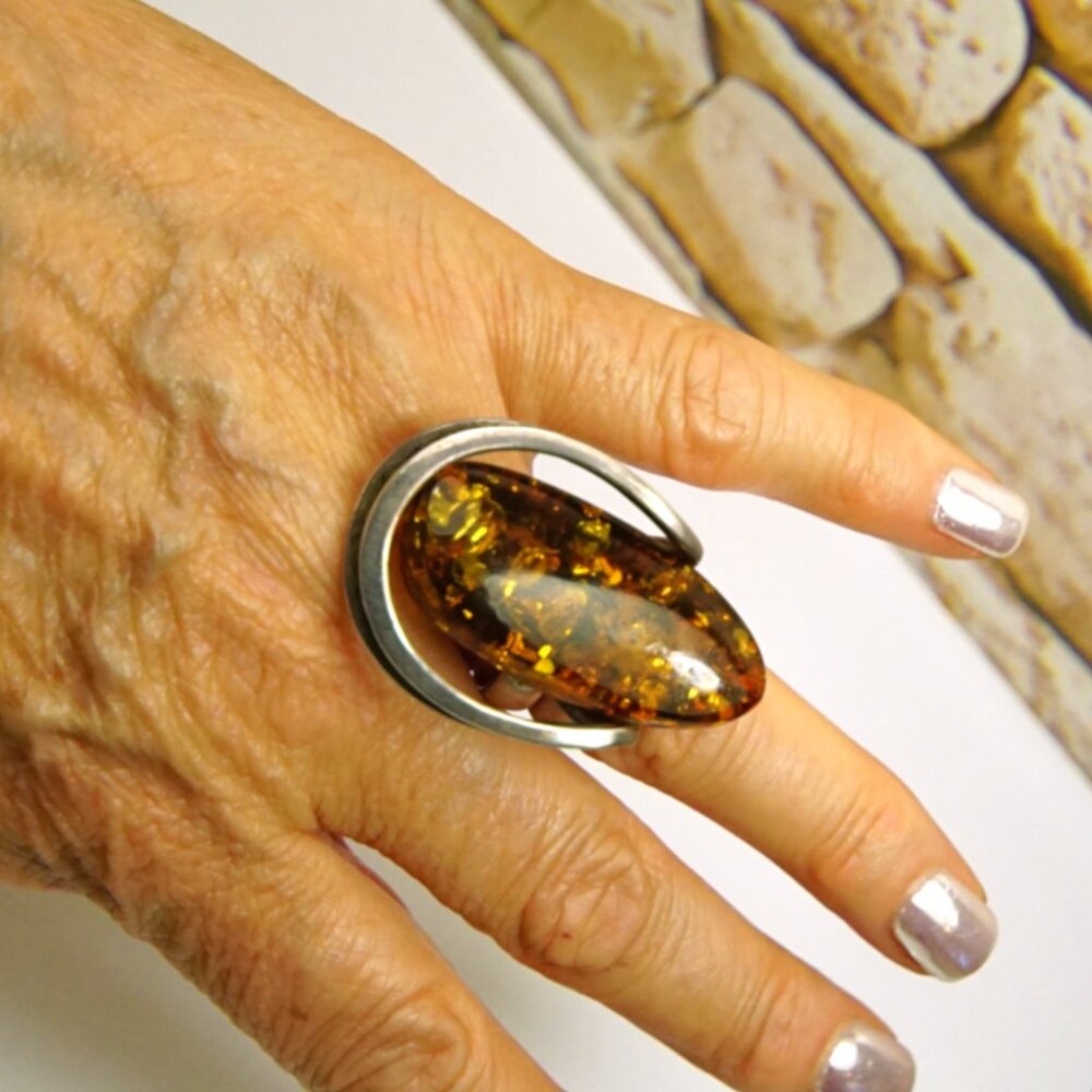 Huge Green Amber Set & 925 Silver Big Size Ring 9 1/4 - Rare Amber Gift For Her